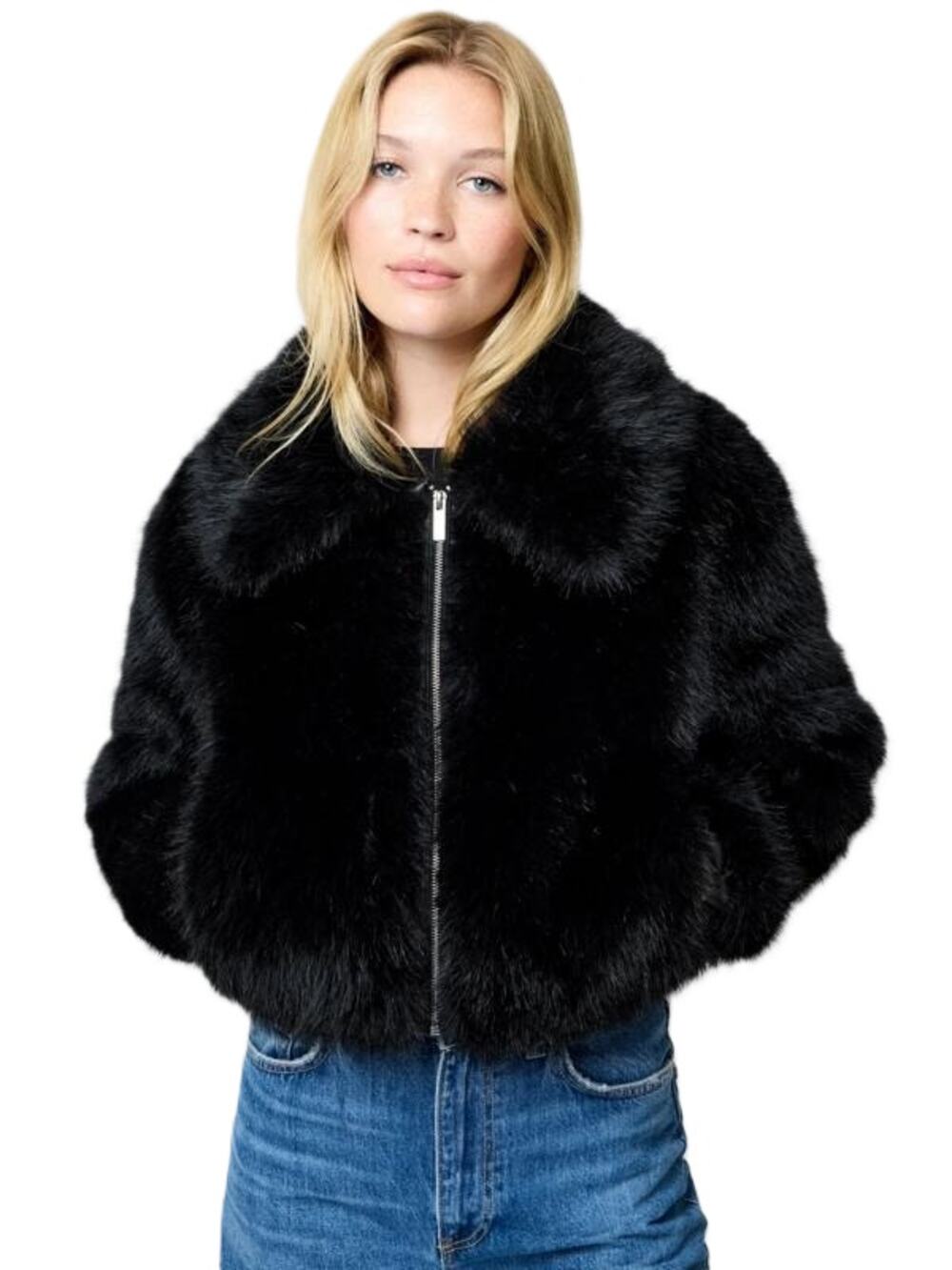 French Connection Women Black Faux Fur Rena Front Zip Short Jacket Size US 10